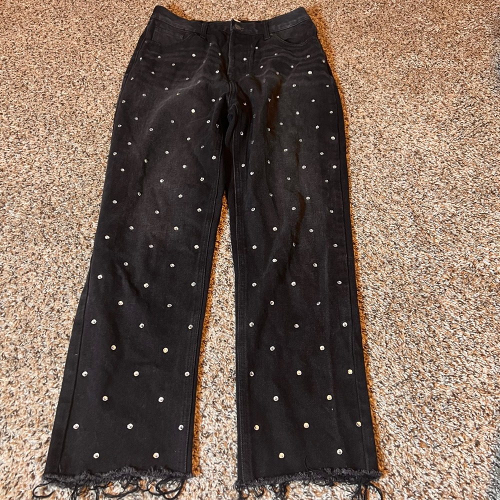 Simple Society‎ Rhinestone Jeans Frayed Hem Black Denim Straight Leg 7/28